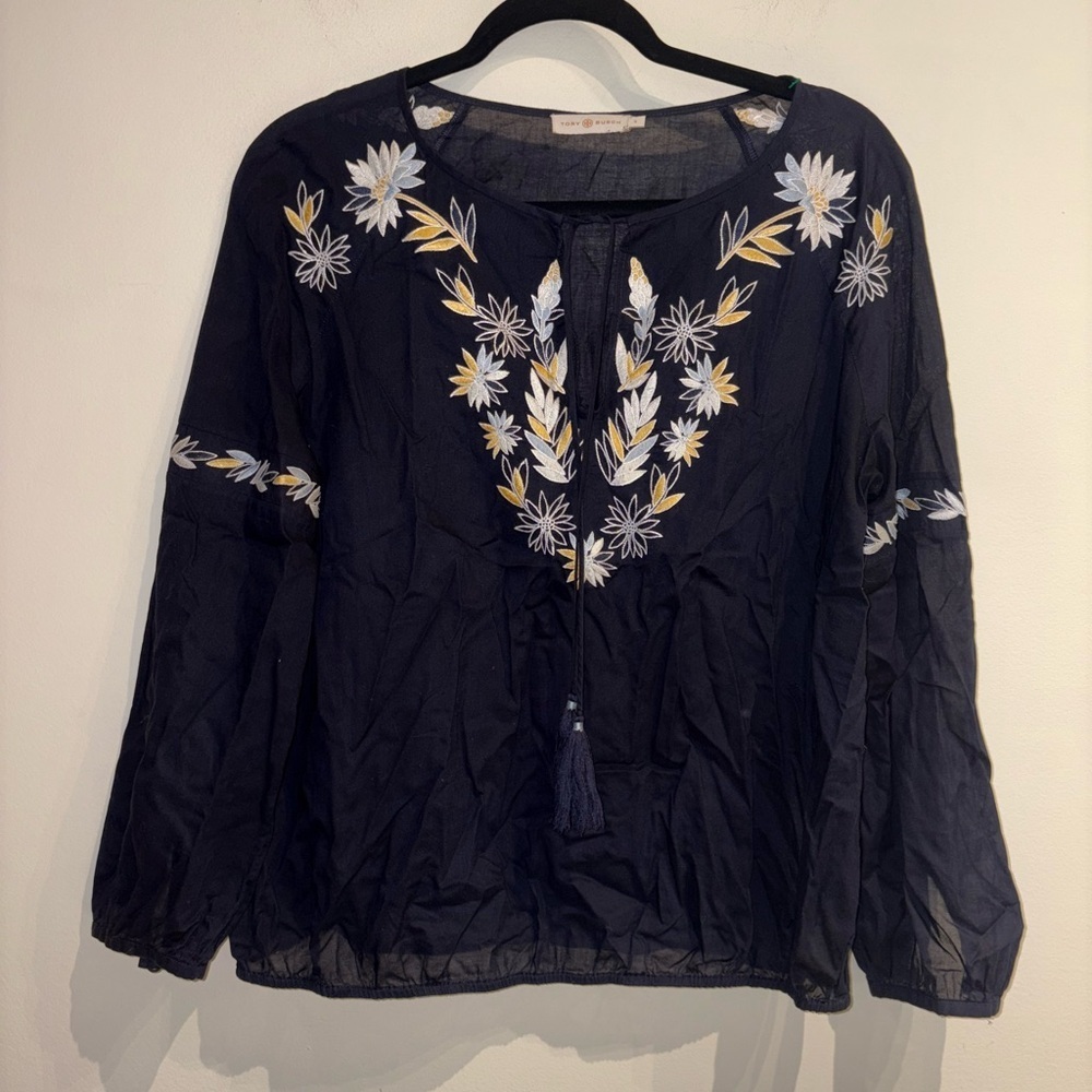 Tory Burch Cotton Poplin Split Neck Embroidered Peasant Top Navy Size 8 Boho - Picture 6 of 10